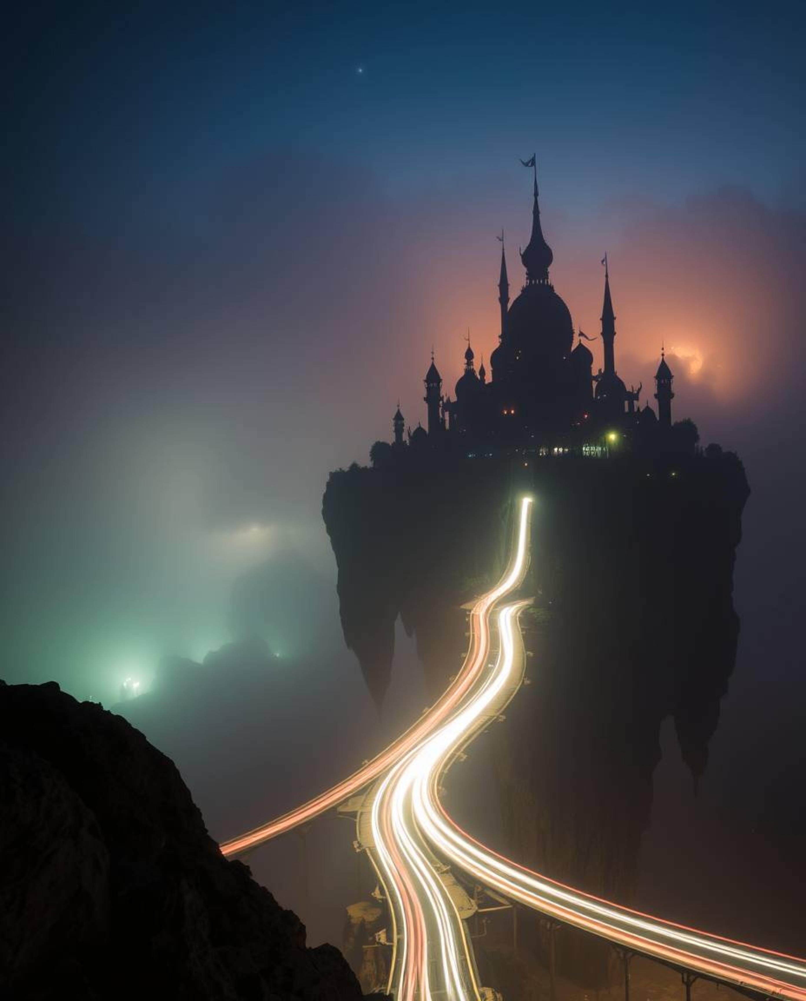 This captivating high-angle long exposure photograph presents a silhouetted surreal floating island adorned with bizarre arch