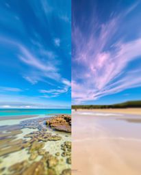 A dynamic and distinct split composition captures a colorful sky over a coral reef at low tide. The artwork is characterized 