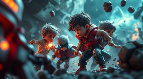 Experience a dreamlike and surreal world in extreme macro close-up, where a trio of superpowered kids engages in an epic batt