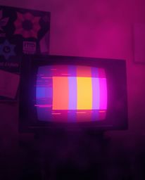 A vibrant, soft cinematic image showcasing a retro-style TV screen glitch with RGB separation.  The image features a hazy bac