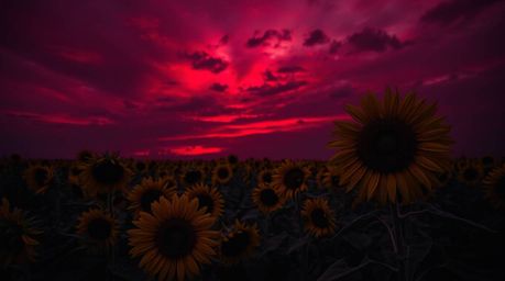 This image captures a strong, moody scene of a sunflower field bathed under a deep red and purple sky. The dark tones, unsett