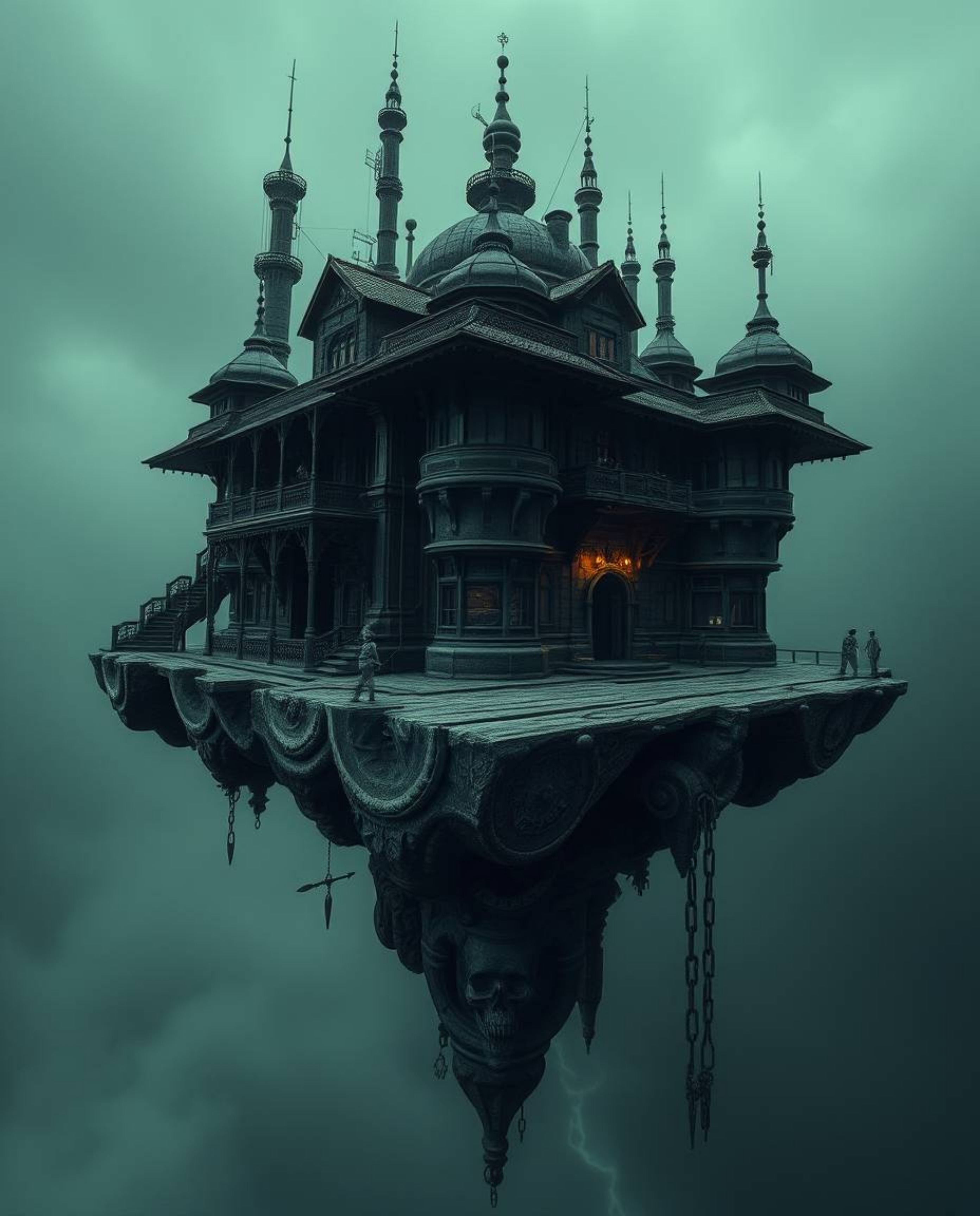 Explore a chilling and unsettling realm with a precise architectural color photograph depicting a surreal floating island. Th