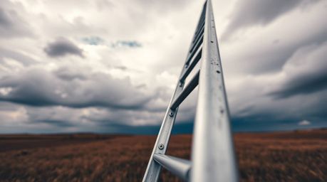 A minimalist scene featuring a silver ladder in an open field beneath a wide, cloudy sky, this image uses rich burgundy and d
