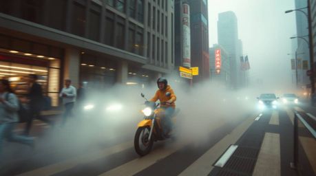 Capture the raw energy of the streets with a candid street photography style chase scene. This scene features exaggerated squ