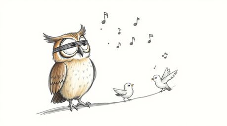 A whimsical hand-drawn sketch in Pixar style depicts a gentle, blind owl with soft brown feathers guiding small birds in thei