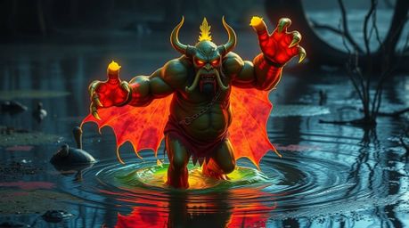 A captivating image depicts a bioluminescent ogre performing a vibrant dance in a swamp.  The ogre is segmented into bold, gl