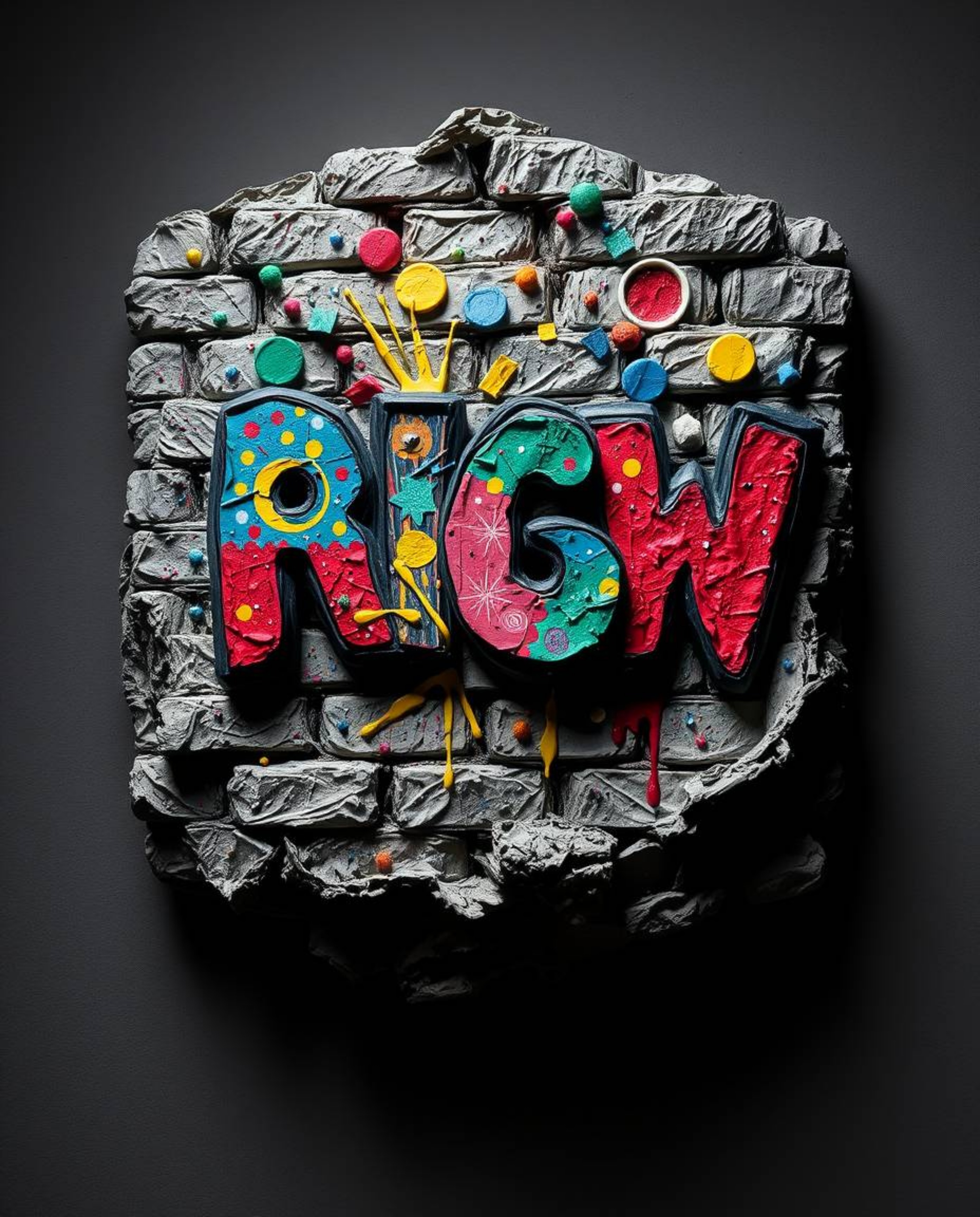 A captivating layered papier-mâché sculpture showcasing vibrant graffiti-style splashes on a brick wall.  This piece embodies