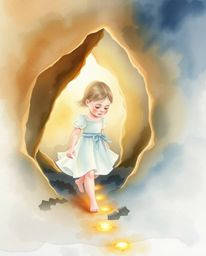 A delicate watercolor painting portraying a graceful child with fair skin, following a radiant trail of golden footsteps lead