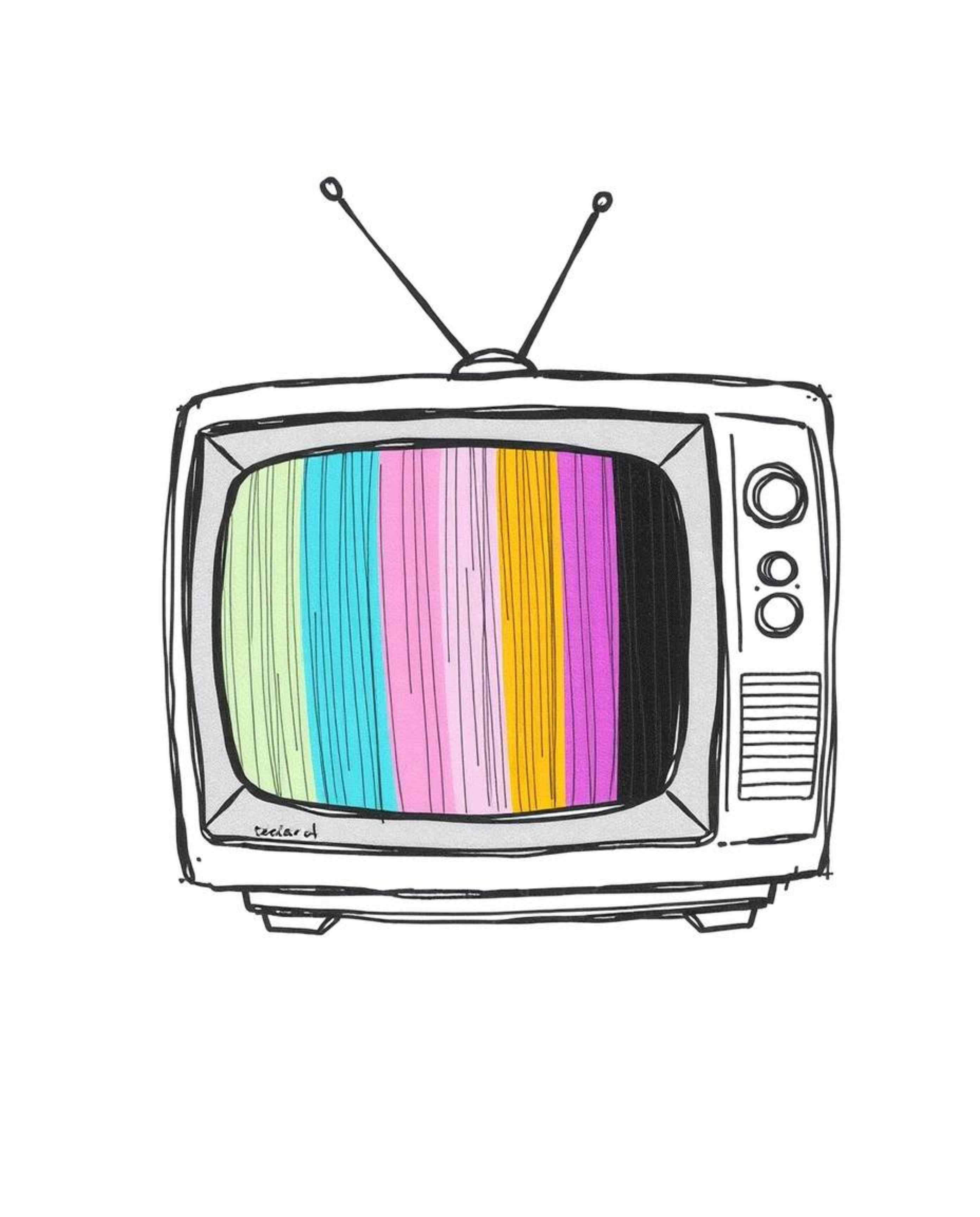 This hand-drawn, color sketchnote style illustration captures the nostalgic charm of a retro-styled TV screen displaying capt