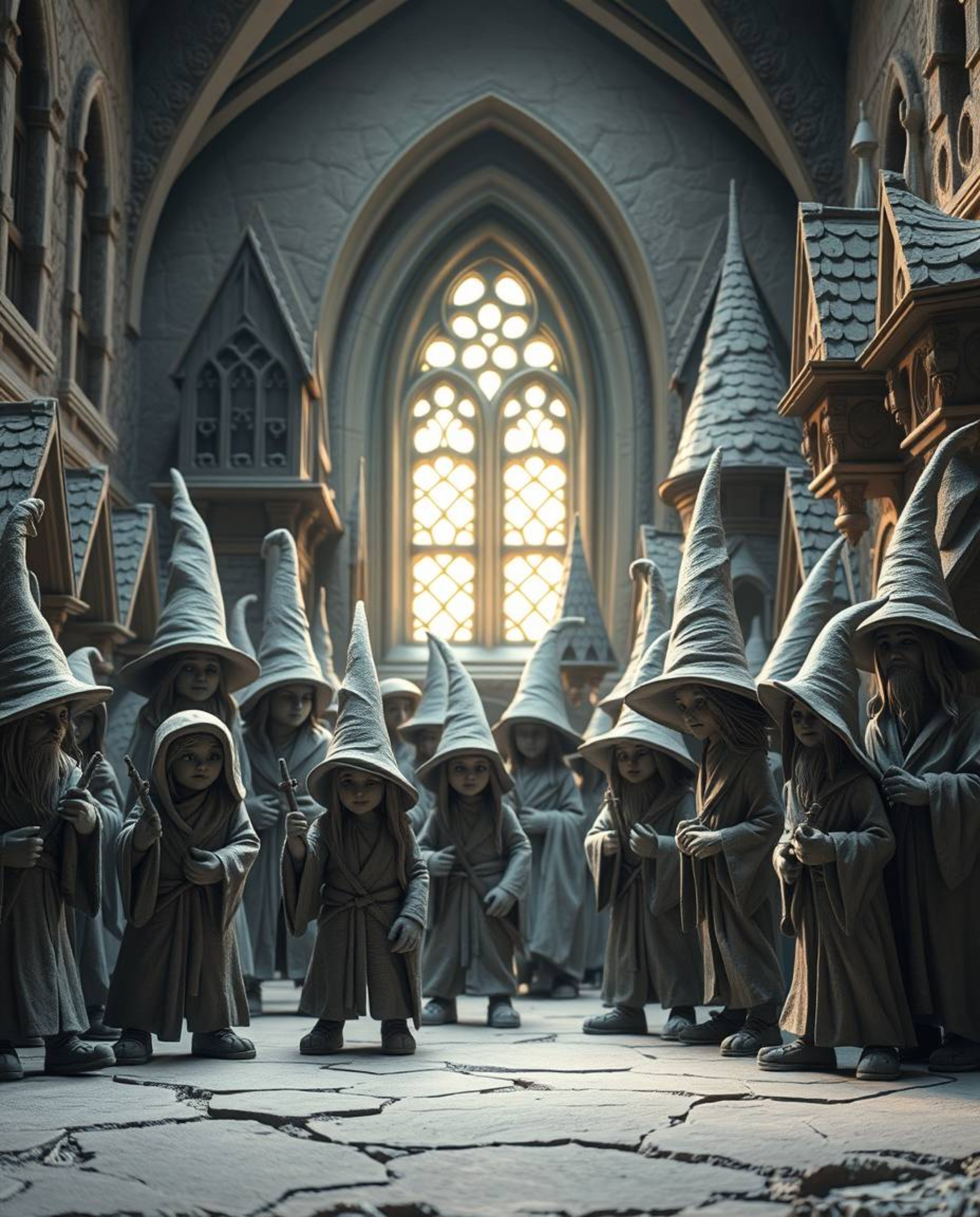 Explore a magical school brimming with young wizards, depicted in a captivating sculptural clay art style. The scene is bathe