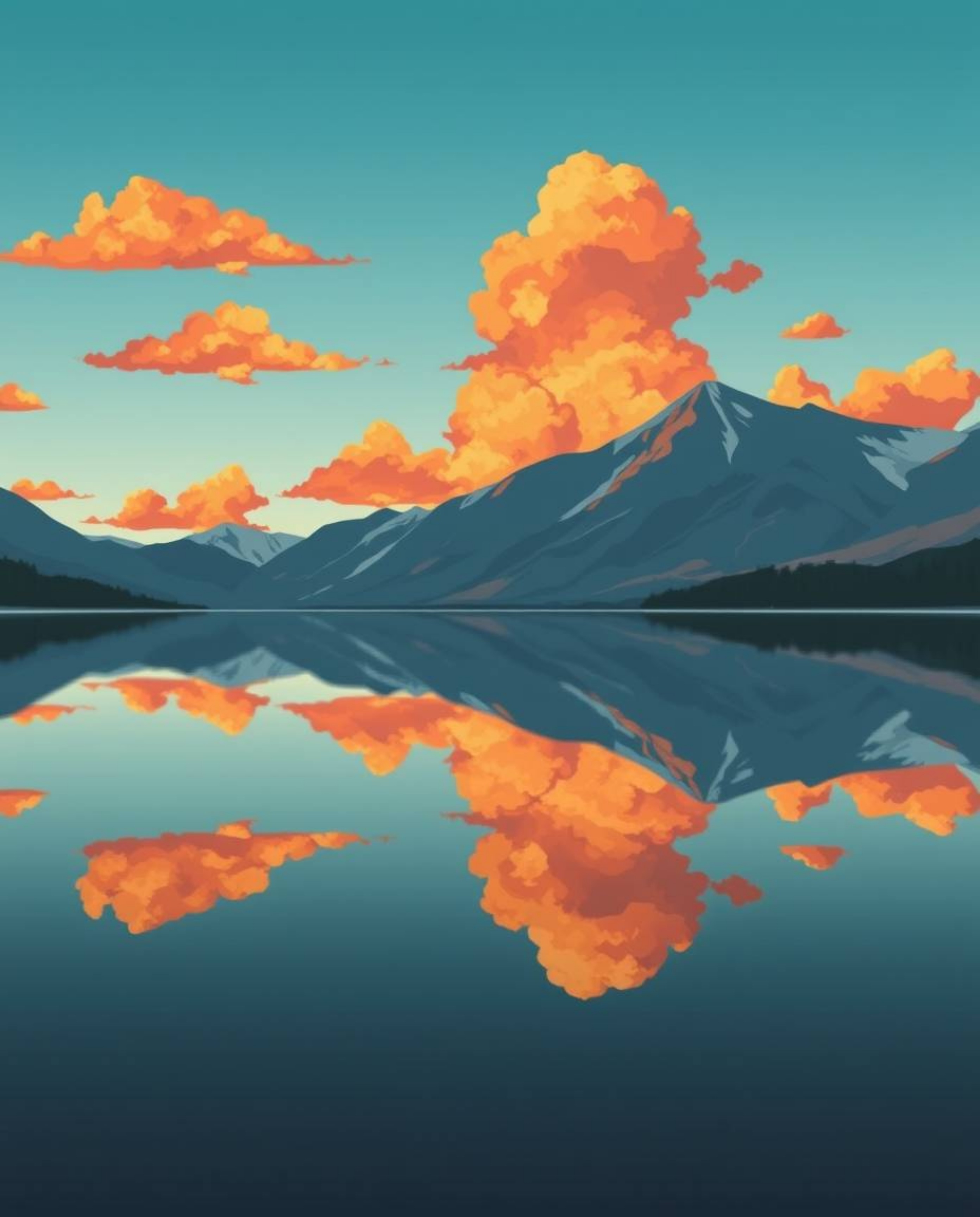 A tight close-up shot captures the reflections of fiery clouds in a mountain lake, rendered in a modern flat design style. Th