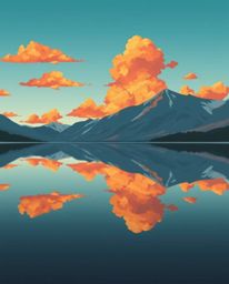 A tight close-up shot captures the reflections of fiery clouds in a mountain lake, rendered in a modern flat design style. Th