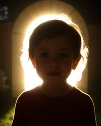 A captivating image of a child with rosy cheeks and bright eyes standing before a glowing, ethereal portal in their backyard.