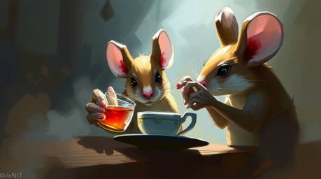A captivating digital sketch showcasing anthropomorphic mice enjoying a tea party in a cozy cottage.  The artwork features lo