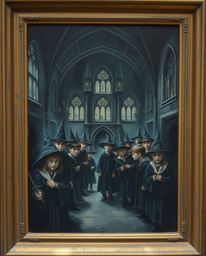 This oil painting depicts a magical school brimming with young wizards, captured in an eerie and unsettling atmosphere. The a