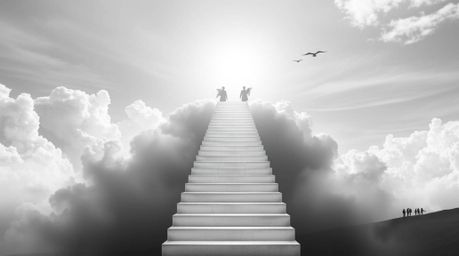 Experience a timeless dreamscape in this classic black and white print.  Light steps ascend into a cloudy sky, observed by an