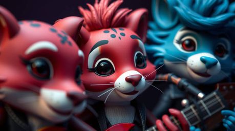 An extreme macro close-up showcases a cartoon animal rock band, rendered in rich burgundy and deep blue tones. The image boa