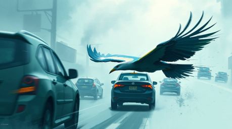 Experience the thrill of a fast-running bird blurring past traffic in this dynamic digital sketch. The epic scene is rendered
