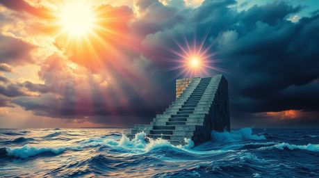 A breathtaking scene unfolds with electric, vivid colors showcasing a dramatic staircase emerging from the ocean and ascendin