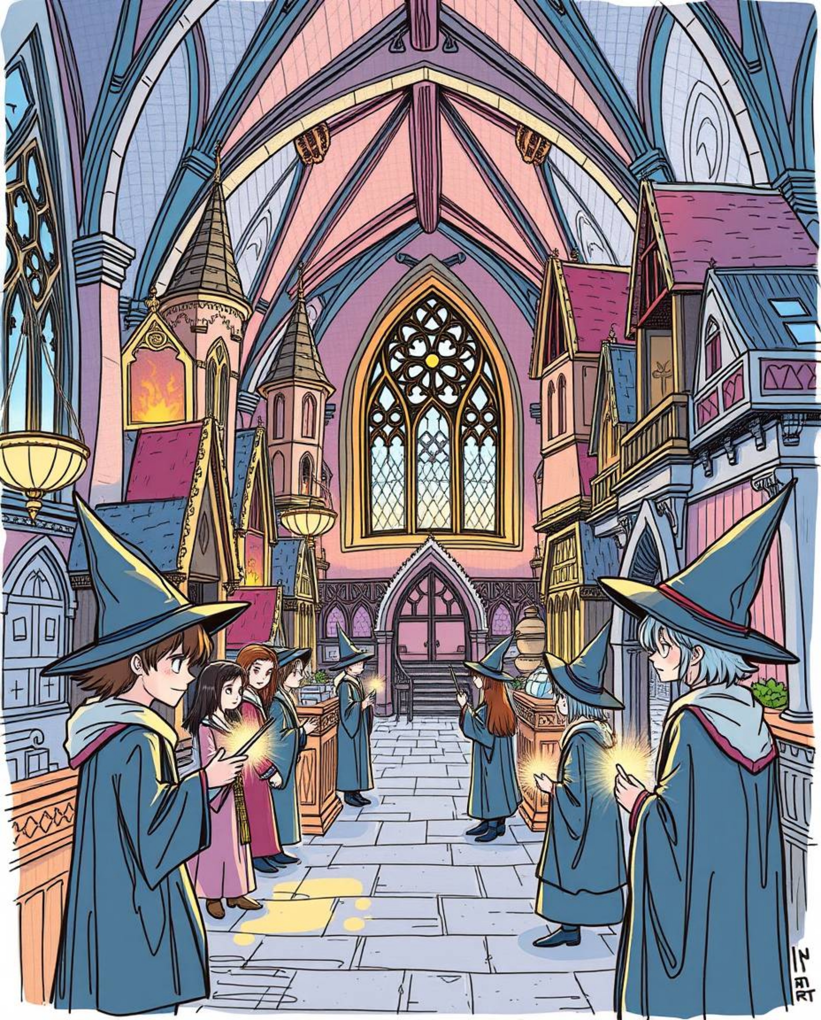 Explore a beautifully hand-drawn color sketchnote depicting a magical school brimming with young wizards. This elegant and re