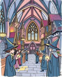 Explore a beautifully hand-drawn color sketchnote depicting a magical school brimming with young wizards. This elegant and re