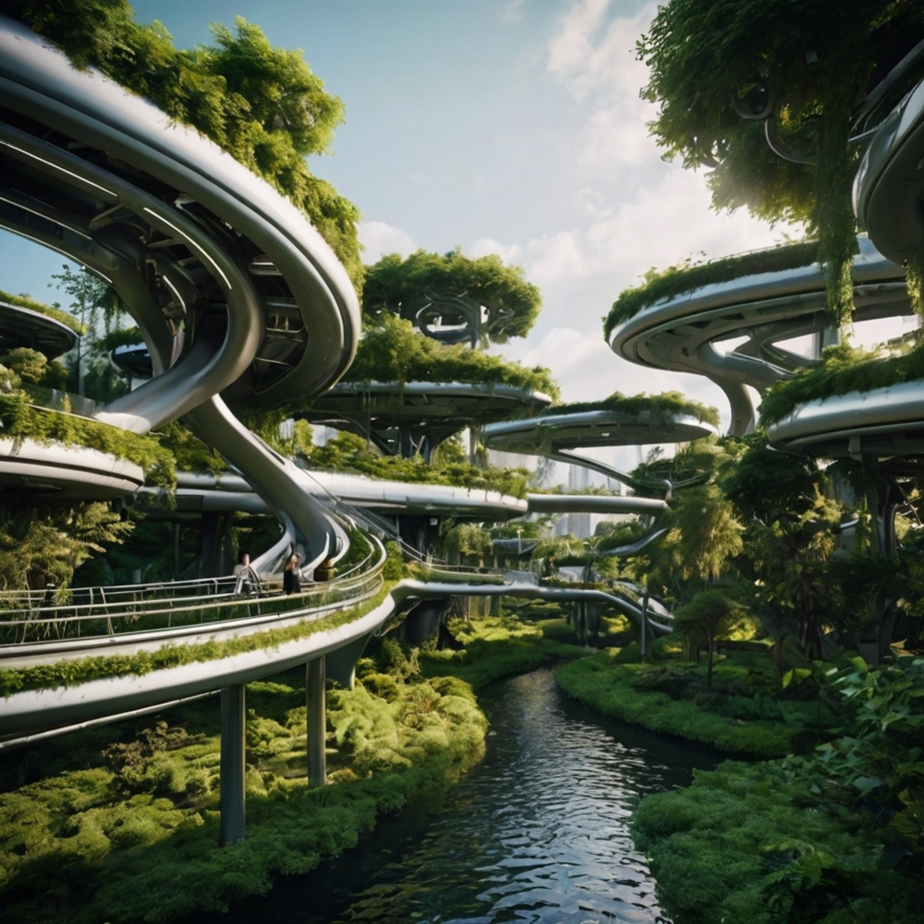 Explore a visionary urban oasis where cutting-edge technology seamlessly intertwines with the beauty of nature. This futurist