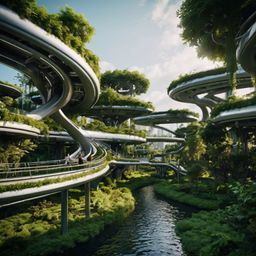 Explore a visionary urban oasis where cutting-edge technology seamlessly intertwines with the beauty of nature. This futurist