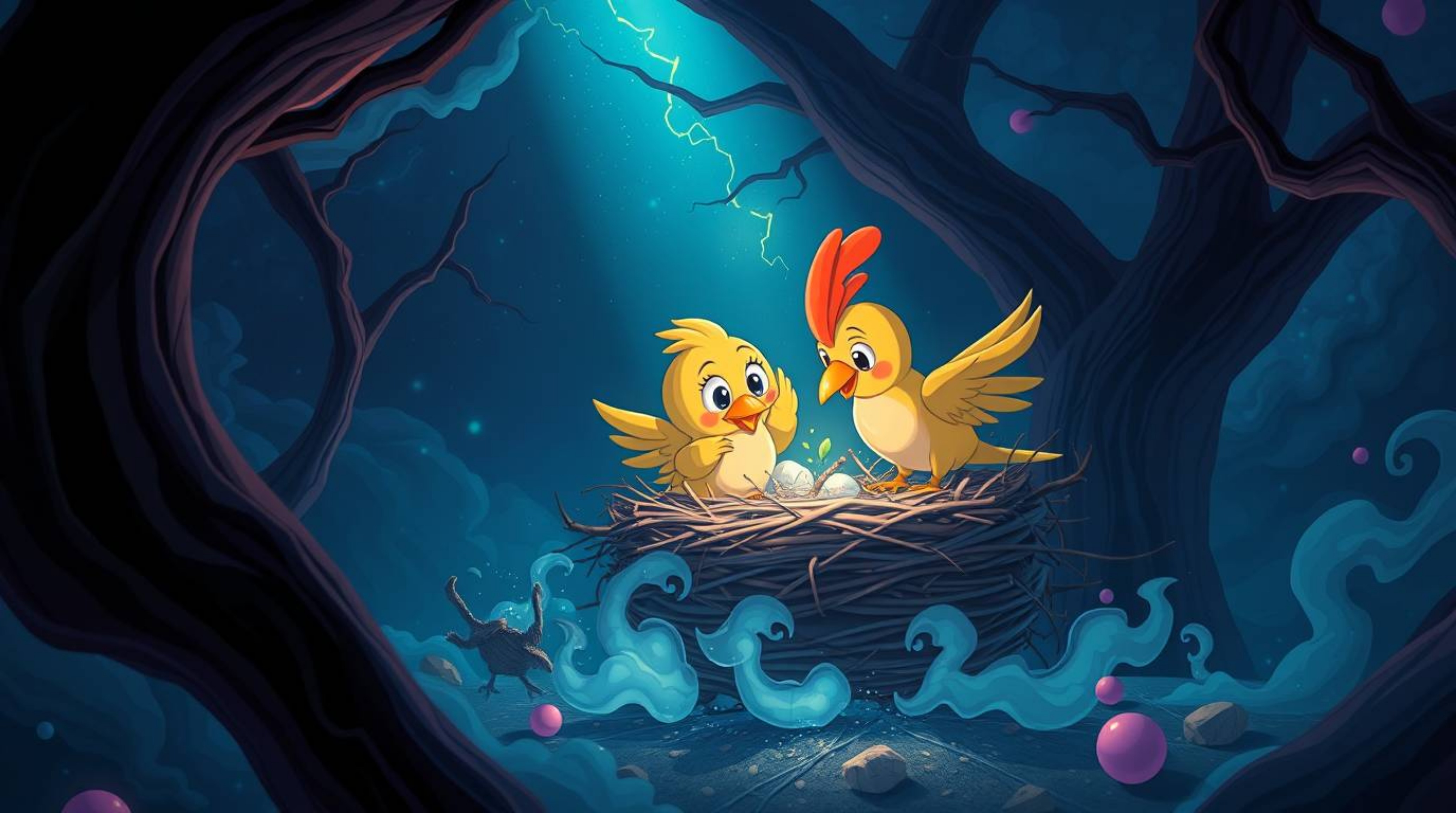 A dreamlike, surreal illustration in the style of classic animation depicts two cartoon birds constructing a nest.  The artwo