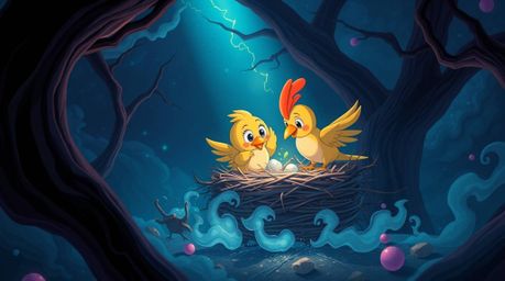 A dreamlike, surreal illustration in the style of classic animation depicts two cartoon birds constructing a nest.  The artwo