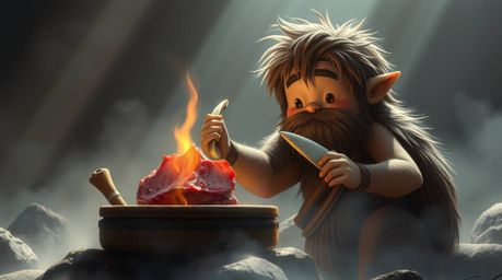 A captivating digital painting showcases an adorable and cute caveman skillfully cooking mammoth meat. The artwork features s