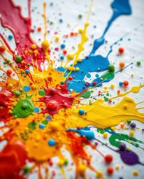 An extreme macro close-up captures a vibrant explosion of colorful paint splashes on a white canvas, revealing intricate deta