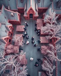 Experience a surreal and magical learning environment with this unique overhead bird's-eye view of a school filled with young