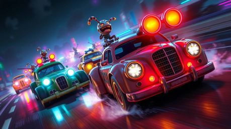 Experience a mind-bending racing scene filled with wacky, outlandish cars radiating bioluminescent colors. This digital paint