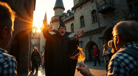 Candid street photography captures a classic Disney villain casting a spell within the aged walls of an old castle during the