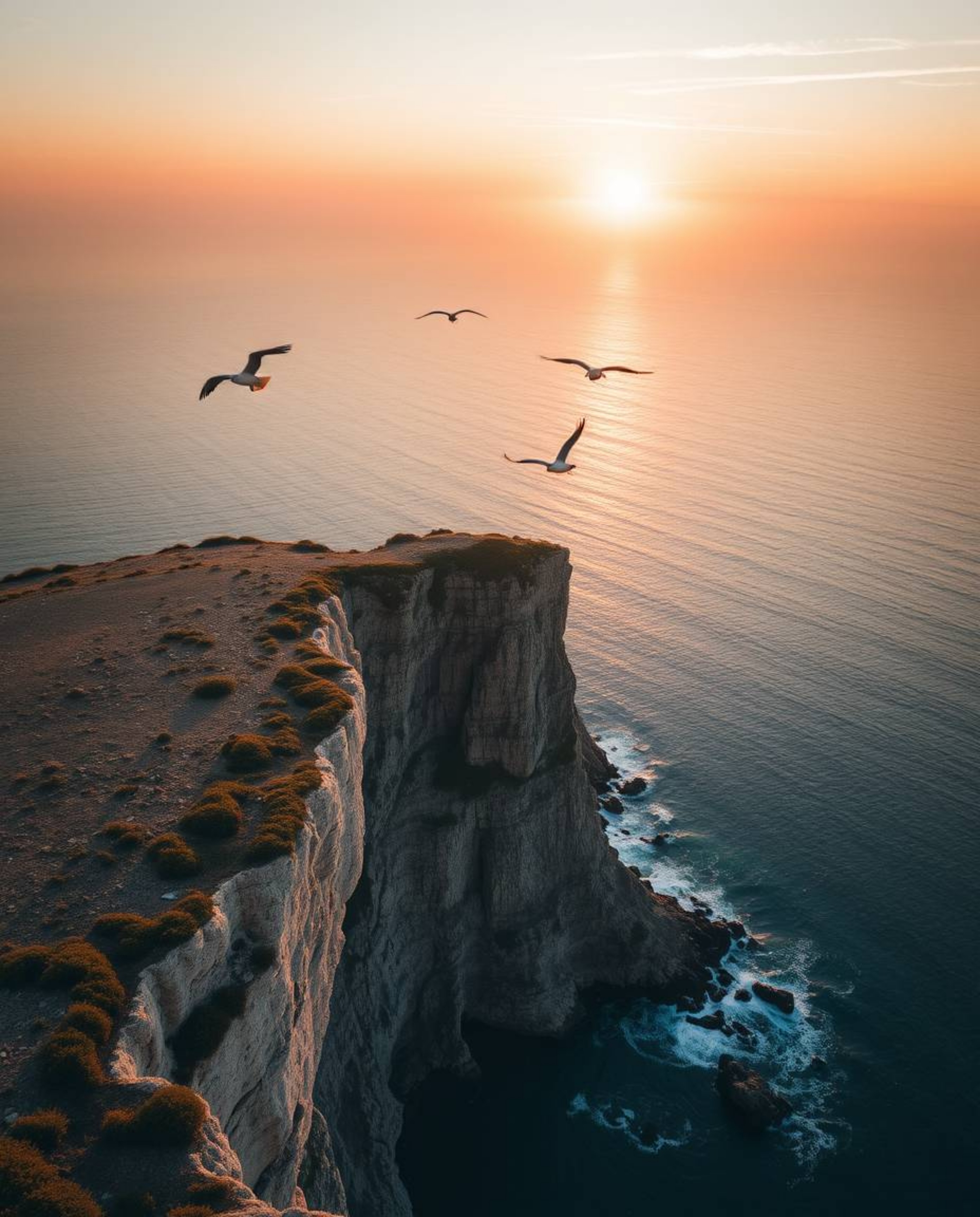 This fine art photograph, captured from an overhead bird's eye view, shows a serene sunset over a coastal cliff with soaring 