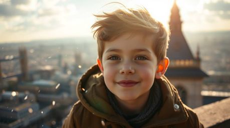 A charming young boy with pixie dust swirling around him soars above the iconic London skyline. The strong, contrasting ligh