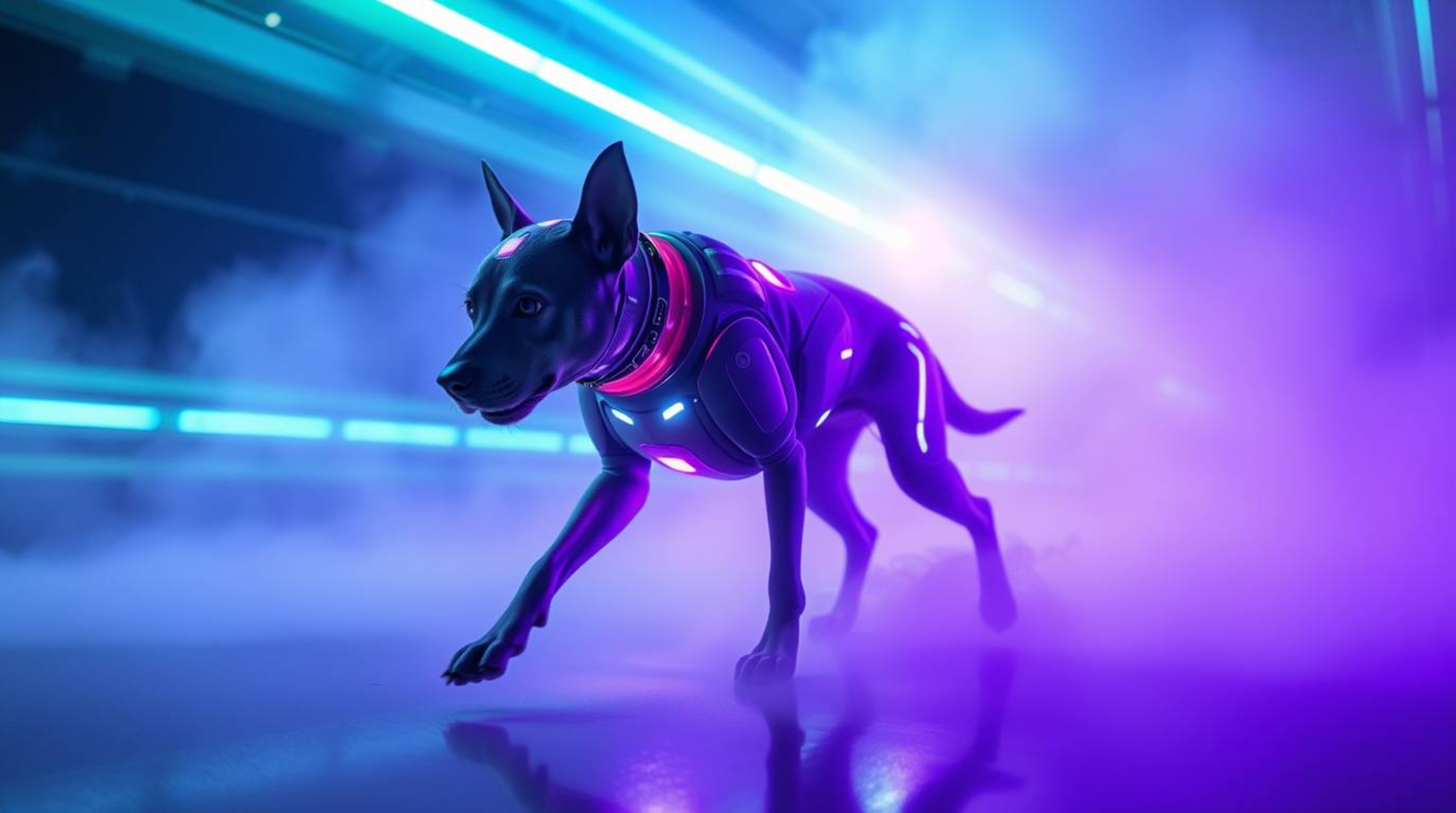 A stunning image of a futuristic dog strolling through space, bathed in the ethereal glow of volumetric lighting.  Blues, gre