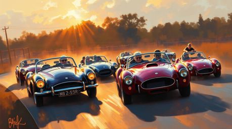 A captivating oil painting showcases a whimsical racing scene featuring bizarre and extraordinary cars. Bathed in the warm gl