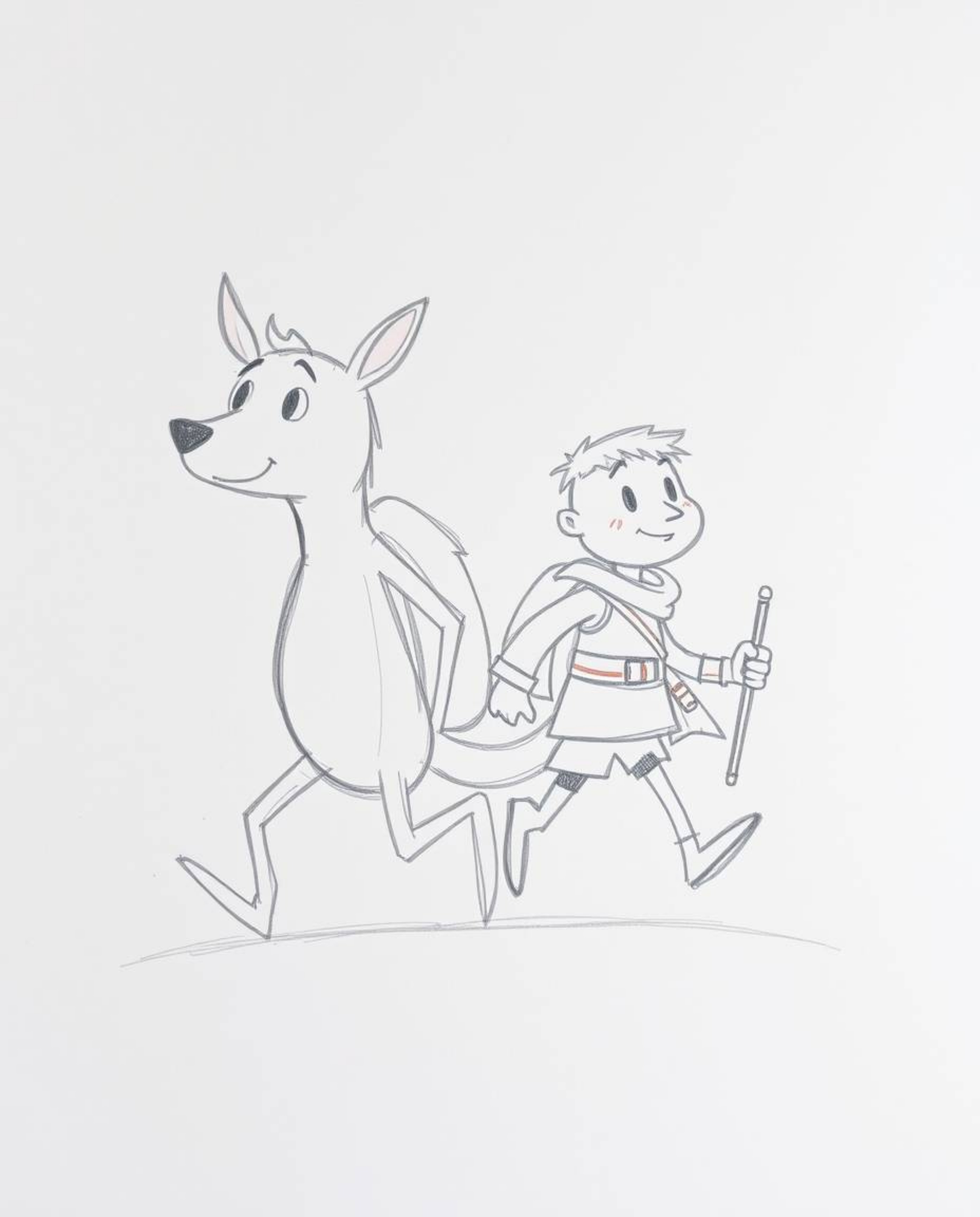 A captivating hand-drawn sketch depicts a hero and their talking animal sidekick embarking on a thrilling adventure. The rou