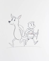 A captivating hand-drawn sketch depicts a hero and their talking animal sidekick embarking on a thrilling adventure. The rou