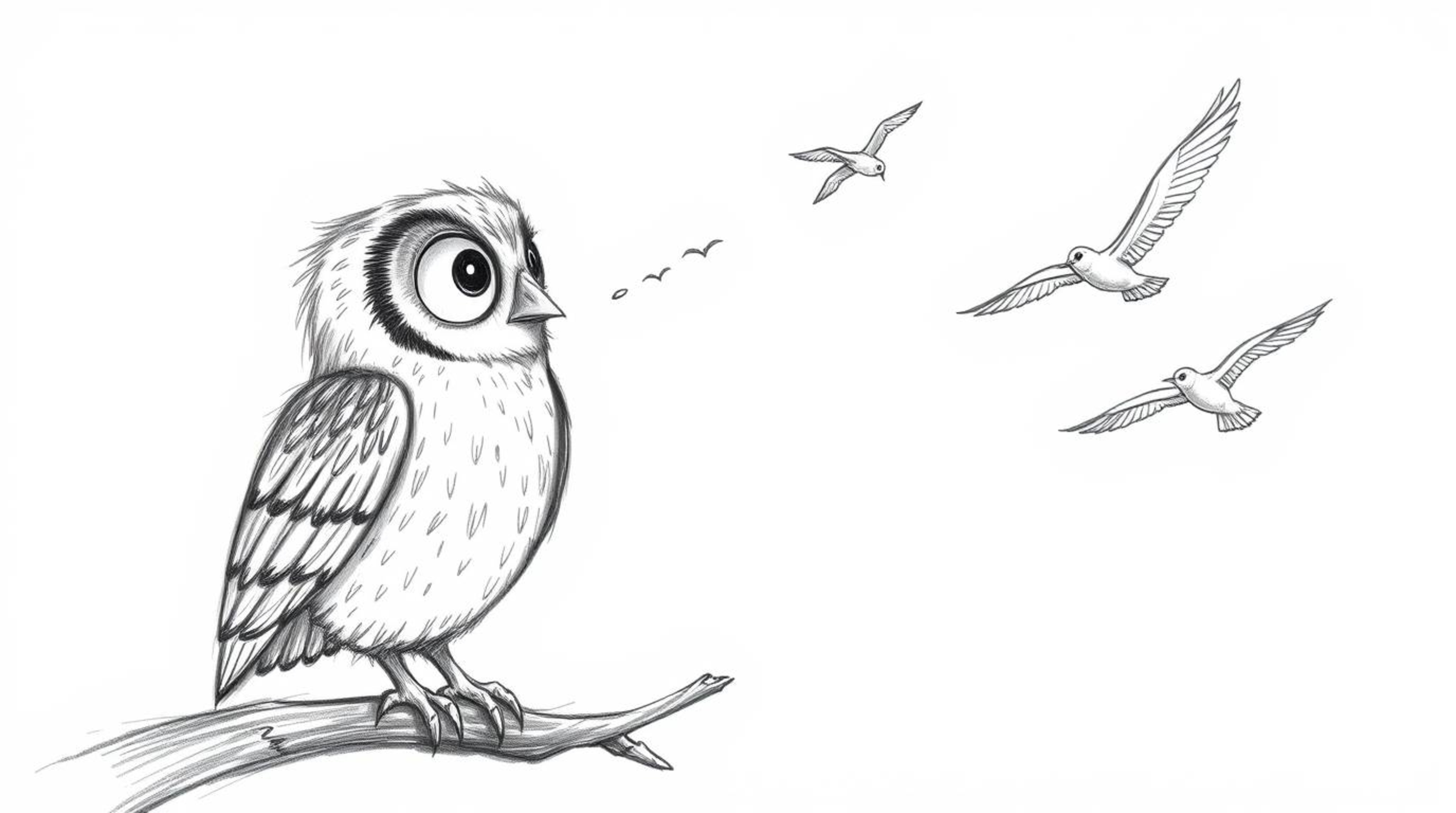 A heartwarming hand-drawn sketch depicts a blind owl, rendered in a charming Pixar style, passionately teaching birds how to 