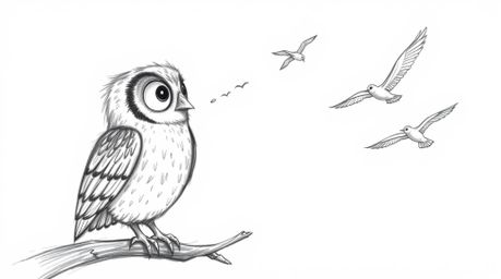 A heartwarming hand-drawn sketch depicts a blind owl, rendered in a charming Pixar style, passionately teaching birds how to 