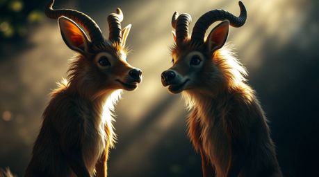 A captivating high-contrast image features two mischievous talking animals within a mystical setting.  Strong, hard light cas