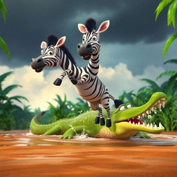 A vibrant 3D cartoon scene depicts a zebra in a tense jungle environment. The zebra leaps with fear, its eyes wide with alarm