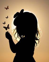 A captivating silhouetted image showcases an adorable girl with charming features releasing butterflies into the air.  The ba