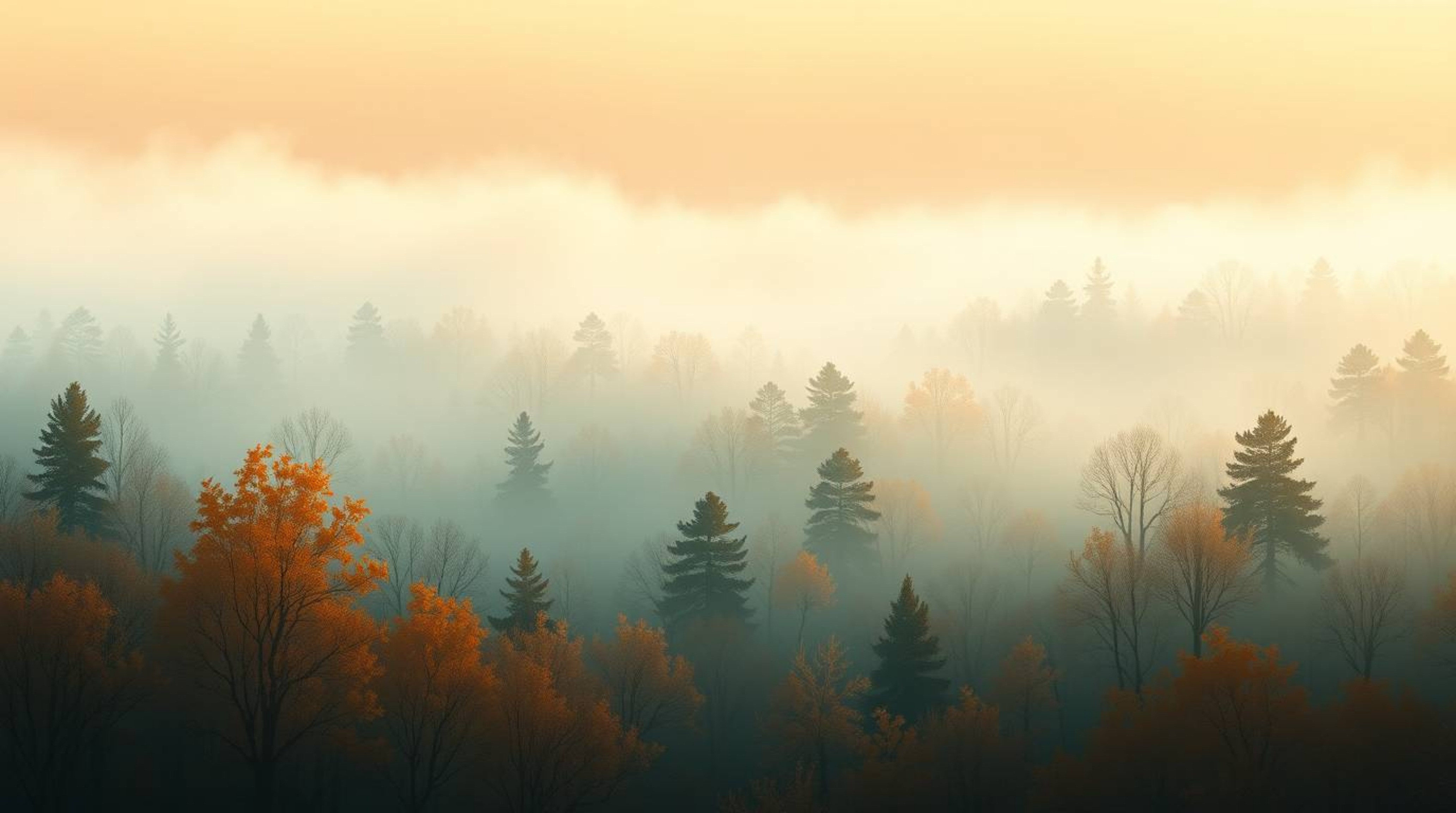 This elegant illustration captures the serene beauty of a forest at golden hour, featuring a warm terracotta and cool teal co