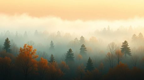 This elegant illustration captures the serene beauty of a forest at golden hour, featuring a warm terracotta and cool teal co