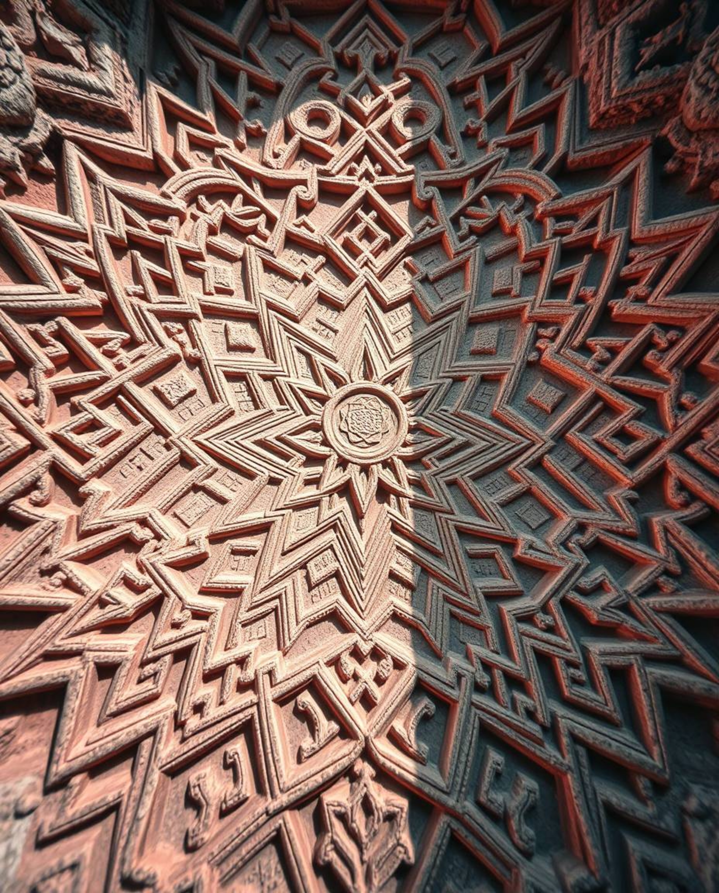 Explore stunning Islamic geometric patterns carved in stone, captured from a high-angle perspective and rendered in surreal i