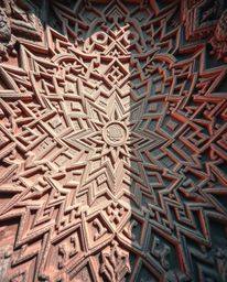 Explore stunning Islamic geometric patterns carved in stone, captured from a high-angle perspective and rendered in surreal i