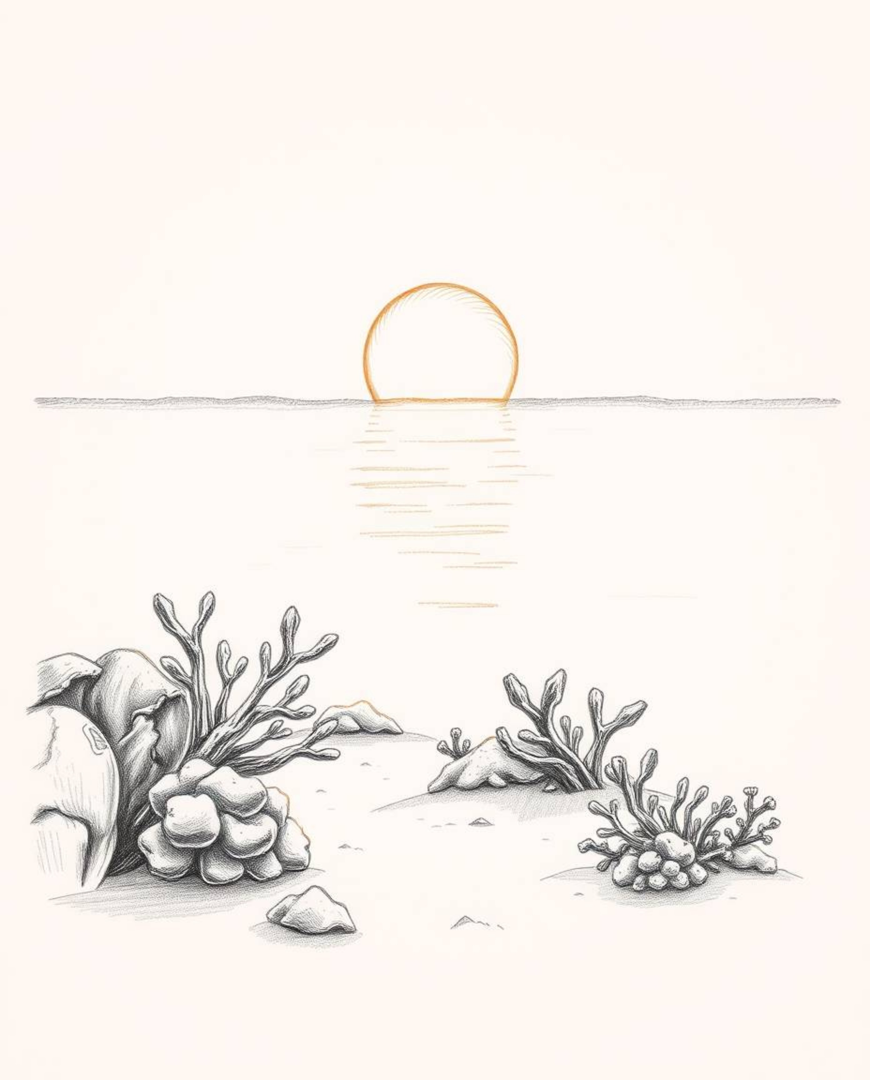 A hand-drawn pencil sketch captures a coral reef at low tide under a warm golden hour sky, depicted in a dramatic cinematic s